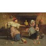 Eugenio Zampighi, Modena 1859 - Maranello 1944 / Famiglia davanti al focolare / Firmato E Zampighi in basso a sinistra