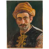 Moustafa Farroukh, Beirut, 1901 - 1957 / Ritratto di uomo orientale in abiti tradizionali / Firmato Farrouk in basso a destra, oil on compensato