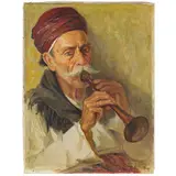 Moustafa Farroukh, Beirut, 1901 - 1957 / Uomo orientale che suona la tromba / Firmato M Farrouk in basso a destra, oil on canvas