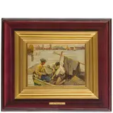 Alessandro Milesi, Venezia, 1856 - 1945 / Giovani pescatori in laguna / Firmato A Milesi in basso a destra, oil on cardboard