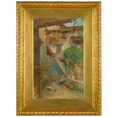 Pavia 1850 - 1920 / Ragazzo con cesto presso un rustico by Ezechiele Acerbi, oil on canvas, offered Apr 2025