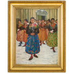 Josef Koudelka, Repubblica ceca 1867 - Slovacchia 1960 / Ragazze all'uscita della chiesa, oil on canvas
