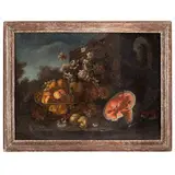 Natura morta con fiori, frutta e pappagallo by Tommaso Realfonso, oil on canvas, offered Jun 2025