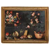 Giuseppe Pesci, Natura morta con vasi fioriti e frutta, oil on canvas
