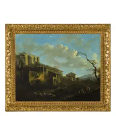 Jacob de Heusch, Paesaggio con rovine romane e figure, oil on canvas