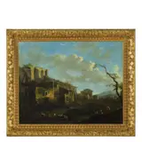 Jacob de Heusch, Paesaggio con rovine romane e figure, oil on canvas