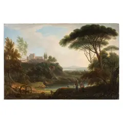 Paesaggio lacustre con figure e castello by Hendrik Frans van Lint, oil on canvas, offered Jun 2025