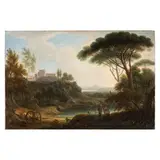 Hendrik Frans van Lint, Paesaggio lacustre con figure e castello, oil on canvas