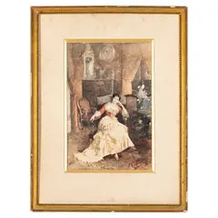 Gustavo Simoni, Roma, 1845 - Palestrina, 1926 / Signora in un interno / Firmato G Simoni 79 e dedica in basso al centro, Acquarello su carta