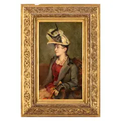 Lucien Métivet, Parigi, 1863 - Versailles, 1932 / Ritratto di dama con cappello di piume / Firmato L Metivet al centro a sinistra, oil on canvas