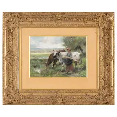 Julien Dupré, Parigi, 1851 - 1910 / Contadina con animali al pascolo / Firmato Julien Duprè in basso a destra, pastel on cartoncino
