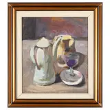 Edoardo Arvigo, Genova, 1917 - 1983 / Bicchiere e brocca sulla tavola, oil on faesite