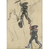 Mario Sironi, Sassari 1885 - Milano 1961 / Studi per l'illustrazione '...SULLE BALZE, SULLE BALZE DEL TRENTINO PIANTEREMO, PIANTEREMO UNA BANDIERA...', 1915, mixed media on paper applicata on canvas