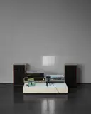 Francis Alÿs, Song for Lupita, 1998, video and sound installation with 60-minute animated film, vinyl player with 45 rpm record and sound element, projector, and two speakers
