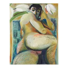 White Tulips by Louis Fratino, 2018, oil and crayon on canvas, sold Nov 2025