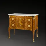 Zweischübige Kommode „à la grecque by Jaques Dubois bzw. René Dubois, Um 1760, Palisander, Amaranth, Zitronenholz, gefärbte Edelhölzer auf Eichenholz; feuervergoldete Bronzebeschläge; Marmorplatte, sold Nov 2015