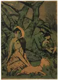 Otto Mueller, Lagernde Zigeunerfamilie mit Ziege, 1926, Farblithographie auf braunem Papier