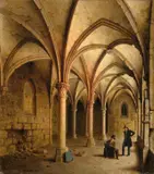 Carl Hasenpflug, Klostergang zu Walkenried“ (mit einem Selbstportrait des Künstlers), 1839, Öl auf Leinwand