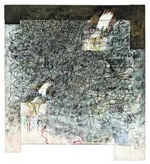 Gerhard Hoehme, Unter der Last der Erinnerung immer drängt der Hoffnung blühender Raum, 1965, Kunstharz und Lackfarbe auf Leinwand und Holz