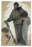 Paula Modersohn-Becker, Schornsteinfeger und zwei Frauenköpfe, 1897, Gouache auf festem, graugrünem Papier