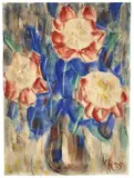 Rote und blaue Blüten in Vase by Christian Rohlfs, 1925, Wassertempera über Kreide auf leicht genarbtem Velin, sold Jun 2012