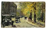 Lesser Ury, Straße im Tiergarten (Lennéstraße?)“. 1920er Jahre, Öl auf Leinwand, auf Pappe aufgezogen