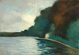 Lesser Ury, Bewaldetes Seeufer (Grunewaldsee?), 1909, Pastell auf Pappe, auf Hartfaser aufgezogen