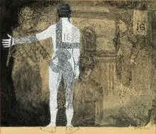Betye Saar, Male Model Makin' the Chaplin Scene, c. 1966, Graphite, gouache, and mixed media on paper