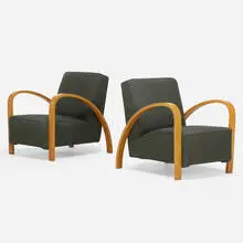 Chairs, pair by Modern, c. 1945, upholstery, beech, sold Jul 2022