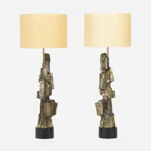 Maurizio Tempestini, Table lamps, pair, c. 1975, cast, patinated and enameled metal, burlap