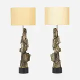 Maurizio Tempestini, Table lamps, pair, c. 1975, cast, patinated and enameled metal, burlap