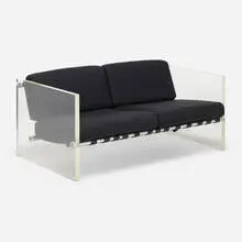 Sofa by Modern, c. 1970, Lucite, cashmere, leather, stainless steel, sold Jul 2022