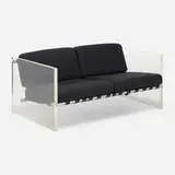 Sofa by Modern, c. 1970, Lucite, cashmere, leather, stainless steel, sold Jul 2022