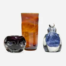 Dominick Labino, Bowl, bottle, and experimental vase, 1965-1973, hand-blown glass