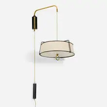 Lightolier, Counterbalance wall lamp, c. 1960, enameled steel, brass, Plexiweave shade, screenprinted glass