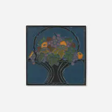 Marblehead Pottery, Tile with fruit basket, c. 1920, glazed earthenware decorated in cuenca