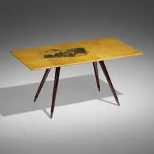 Coffee table by Aldo Tura, c. 1960, lacquered goatskin with transfer-print over wood, stained wood, brass, sold Sep 2025