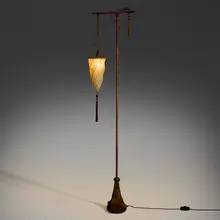 Mariano Fortuny, Cesendello floor lamp, c. 2000, screenprinted silk, brass, glass beads, silk tassels, painted iron, velvet