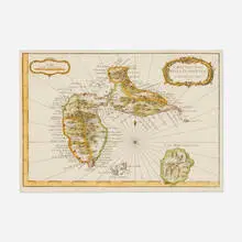 Jacques Nicolas Bellin, Carta dell' Isola della Guadelupa, 1781, etching with hand-coloring on paper