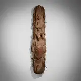 Papuan, Spirit totem, carved wood with red washed patina, woven grass, Superb Lyrebird feathers