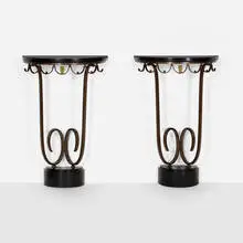Raymond Subes, Console tables, pair, c. 1930, wrought iron, black marble, gilt bronze
