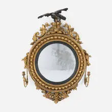 Regency, Girandole wall mirror, carved, painted and gilt wood, brass, gilt metal, mirrored glass