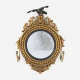 Regency, Girandole wall mirror, carved, painted and gilt wood, brass, gilt metal, mirrored glass
