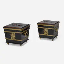 Hollywood Regency, Chinoiserie-style end tables, pair, c. 1970, brass, copper, stained wood