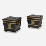 Hollywood Regency, Chinoiserie-style end tables, pair, c. 1970, brass, copper, stained wood