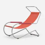 Battista and Gino Giudici, Early deck chair from Lido di Lugano, Switzerland, c. 1945, galvanized steel, plastic, canvas