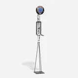 Ann Wolff, Nuts Daughter, 1988, blown rondel, line and brush etchings, sandblasted crystal body with fired black enamels, forged iron details