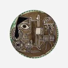 Pablo Picasso, Jacqueline at the Easel plate, 1956, white earthenware clay with engobe decoration and partial brushed glaze