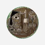Jacqueline at the Easel plate by Pablo Picasso, 1956, white earthenware clay with engobe decoration and partial brushed glaze, sold Jun 2016