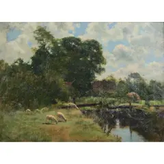 John Appleton Brown, Sheep Pastoral Scene, oil on canvas, (approximate dimensions -